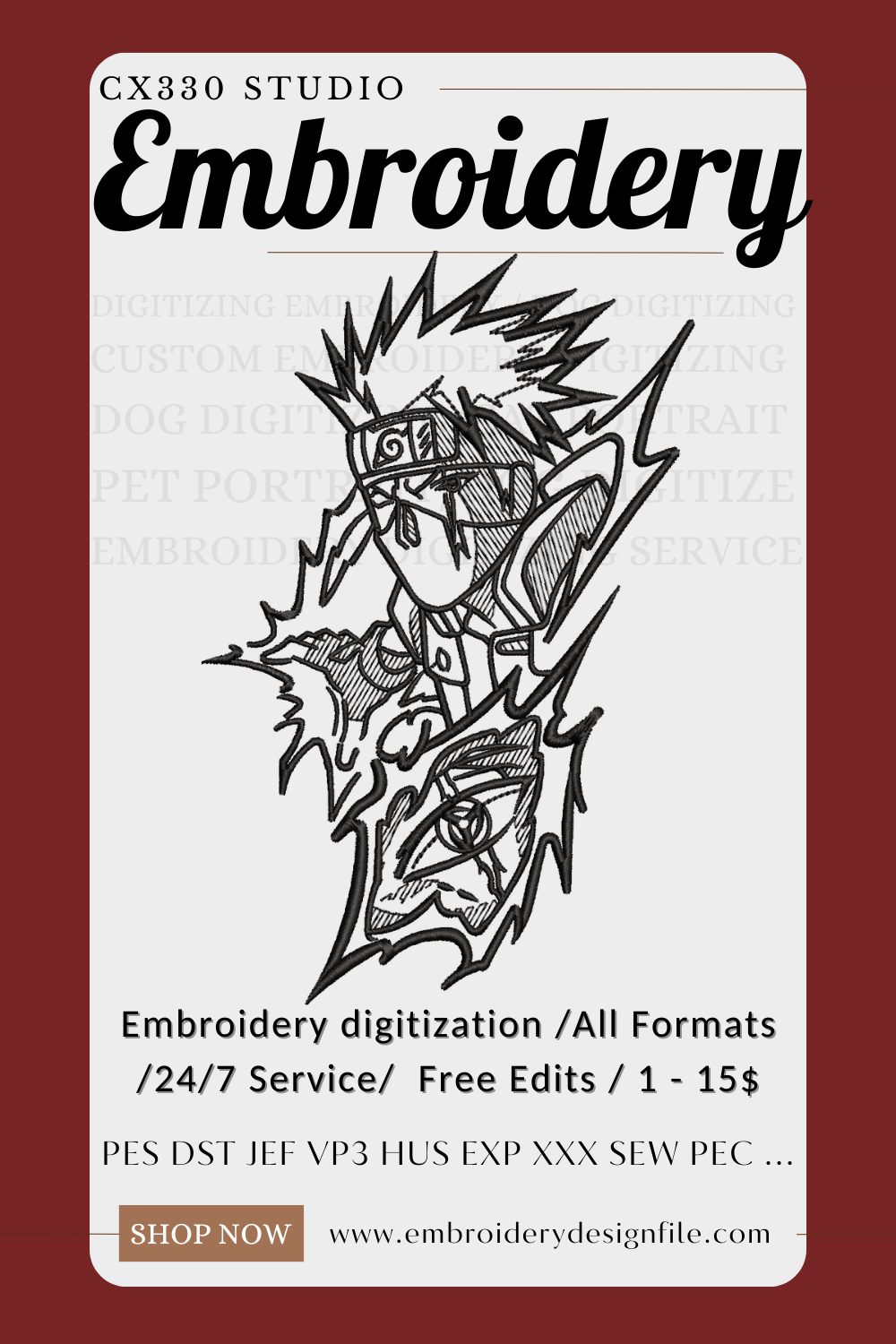 5.5$ Hatake Kakashi Naruto Machine Embroidery design file