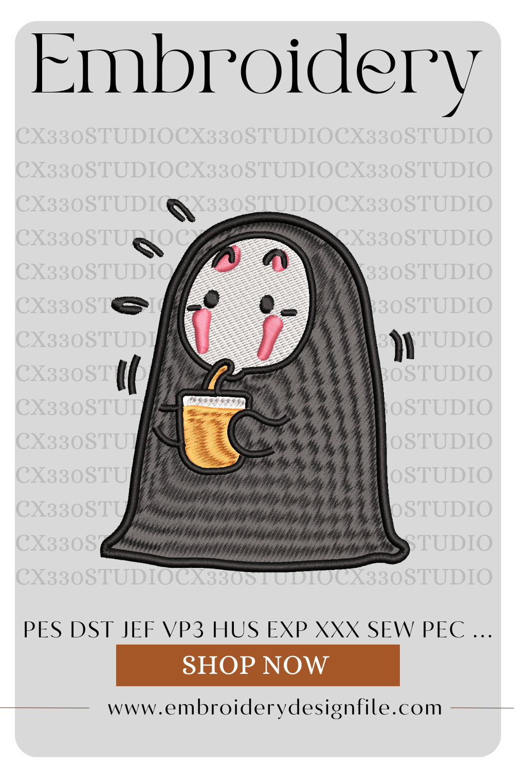 Kaonashi spirited away hold bubble tea embroidery design