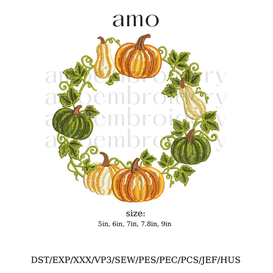 Pumpkin and gourd autumn wreath embroidery digital design