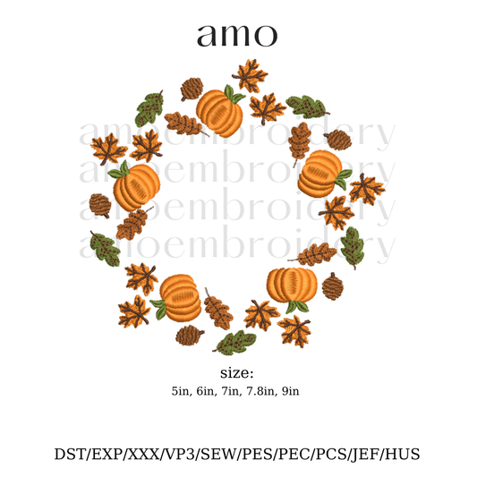 Pumpkin autumn wreath embroidery design digital file