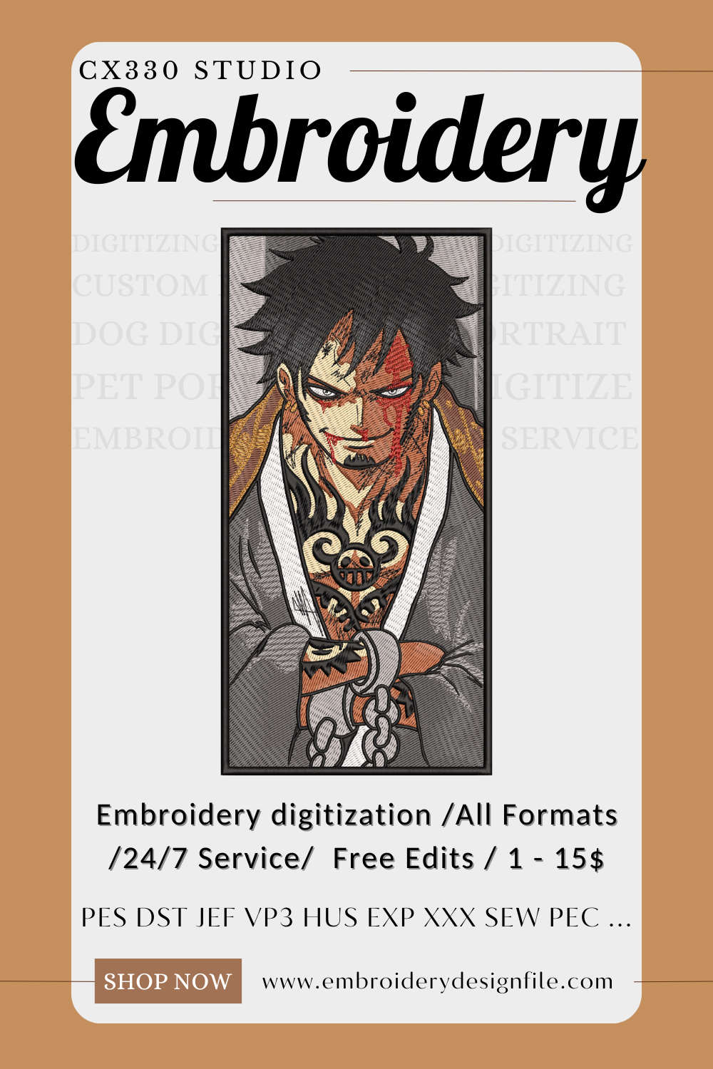 Trafalgar D. Water Law One Piece Embroidery machine Design file