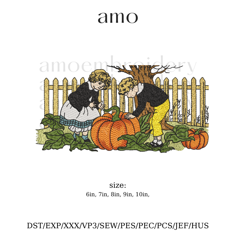 Vintage children picking pumpkins embroidery design