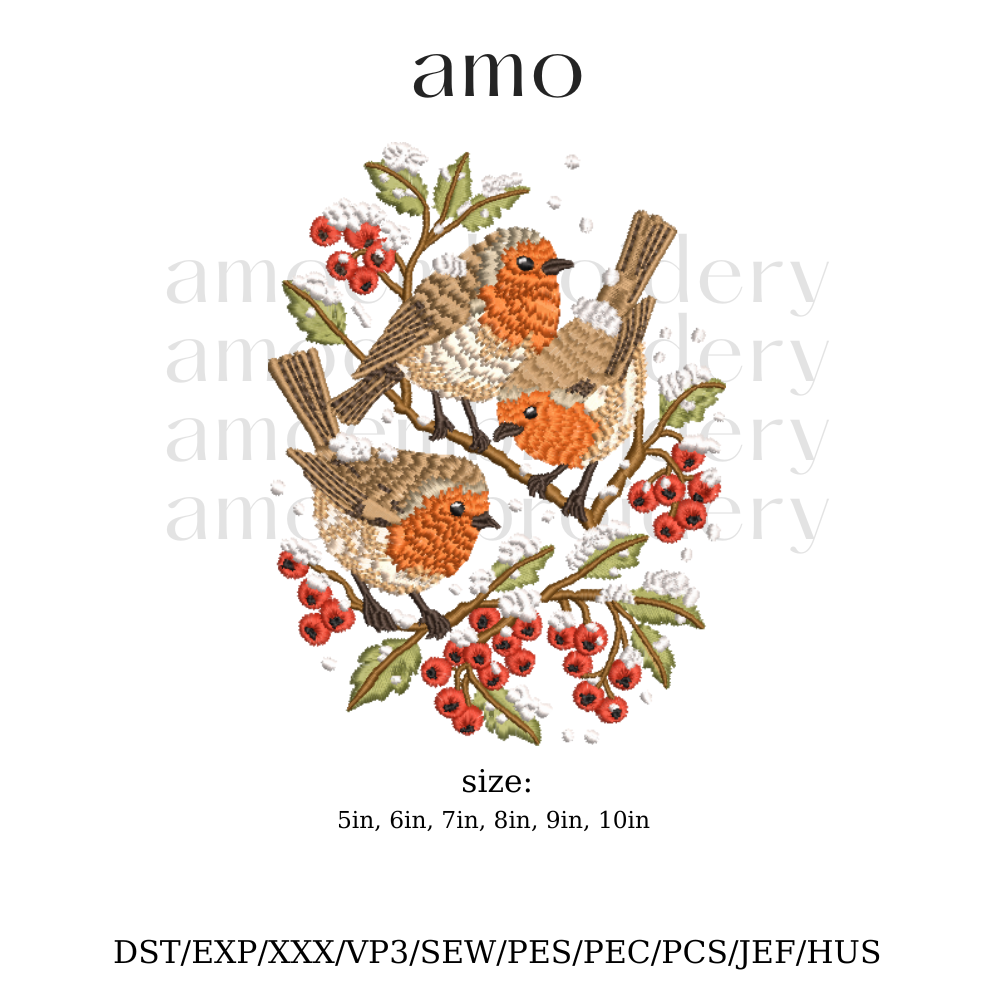 Winter robins embroidery design with snow and berries