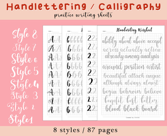 z 8 style Handlettering Practice Sheets, 87 pages, Practice Worksheets