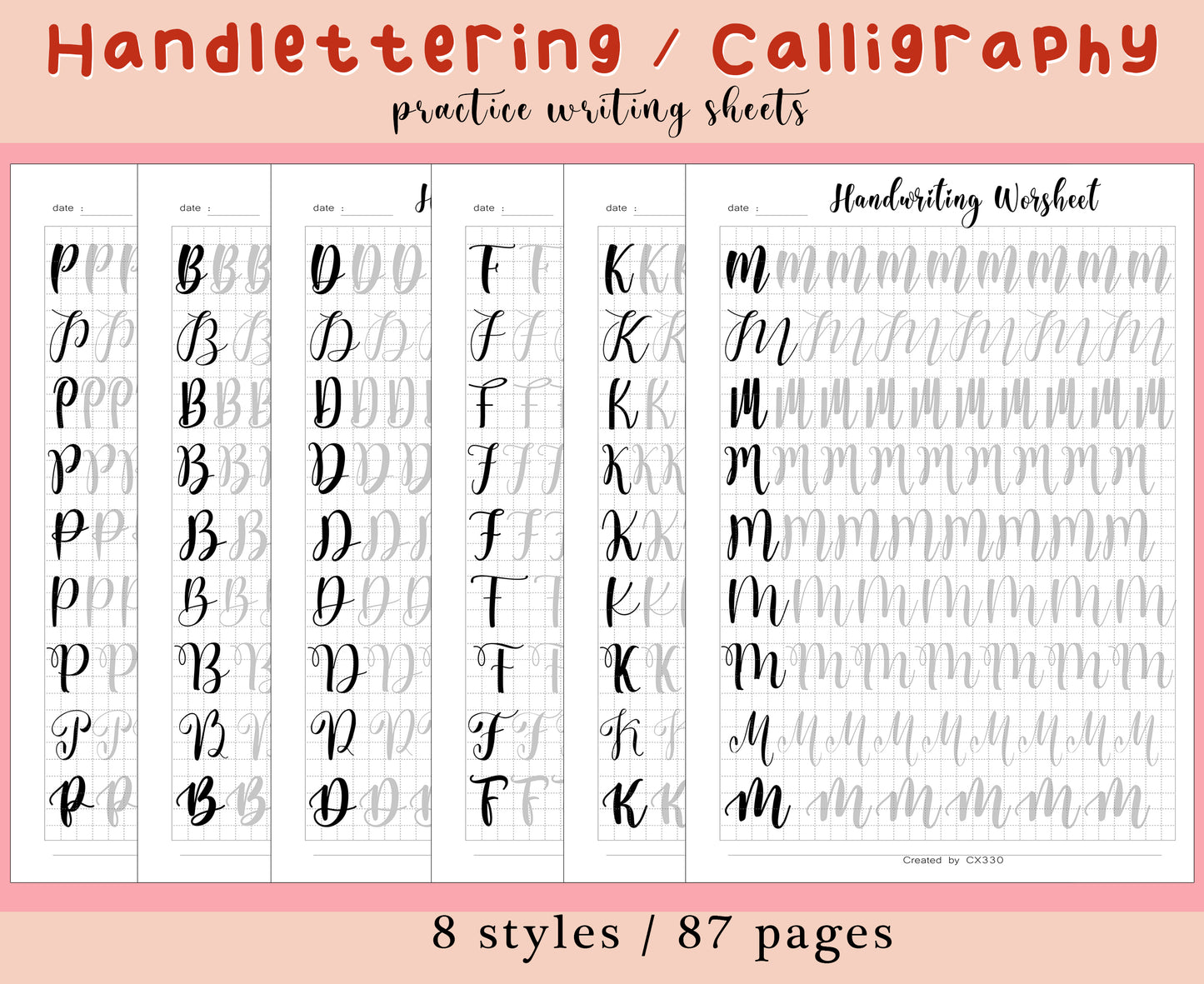 z 8 style Handlettering Practice Sheets, 87 pages, Practice Worksheets