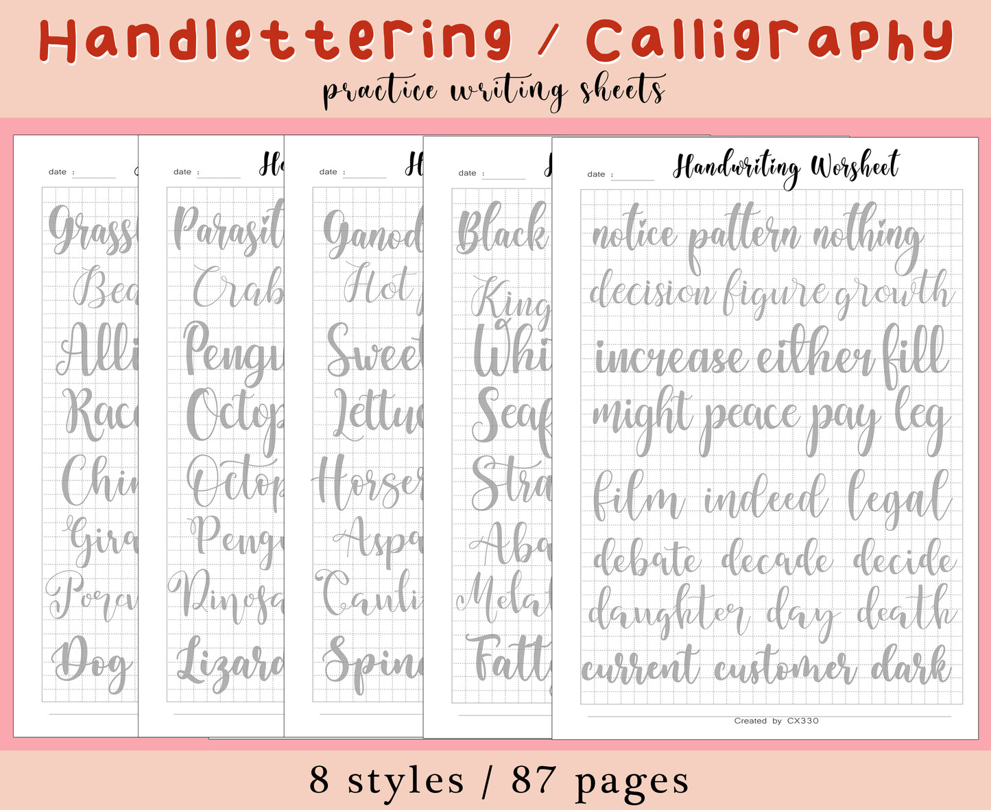 z 8 style Handlettering Practice Sheets, 87 pages, Practice Worksheets