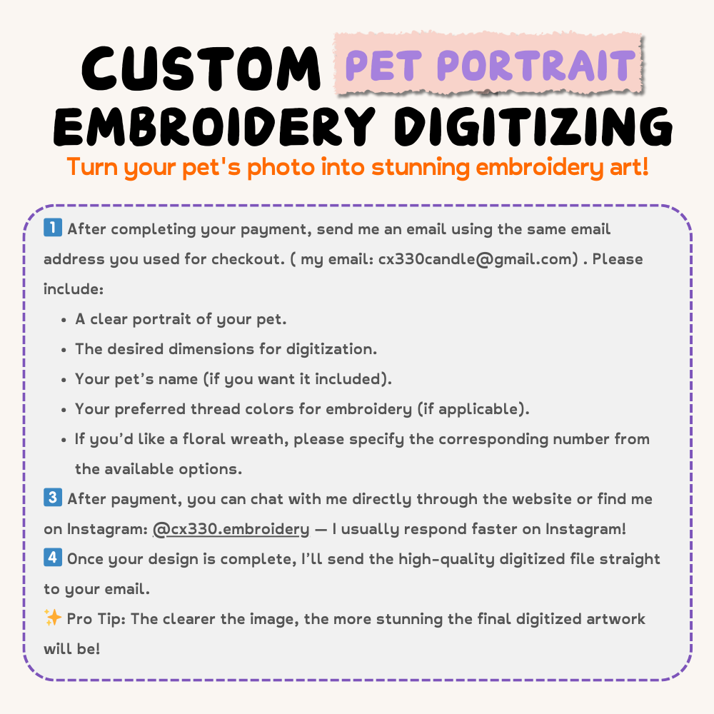 $10 Custom Pet Portrait Embroidery Digitizing File – Large Size (100 cm - 130 cm) 🐶