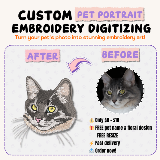 $10 Custom Pet Portrait Embroidery Digitizing File – Large Size (100 cm - 130 cm) 🐶