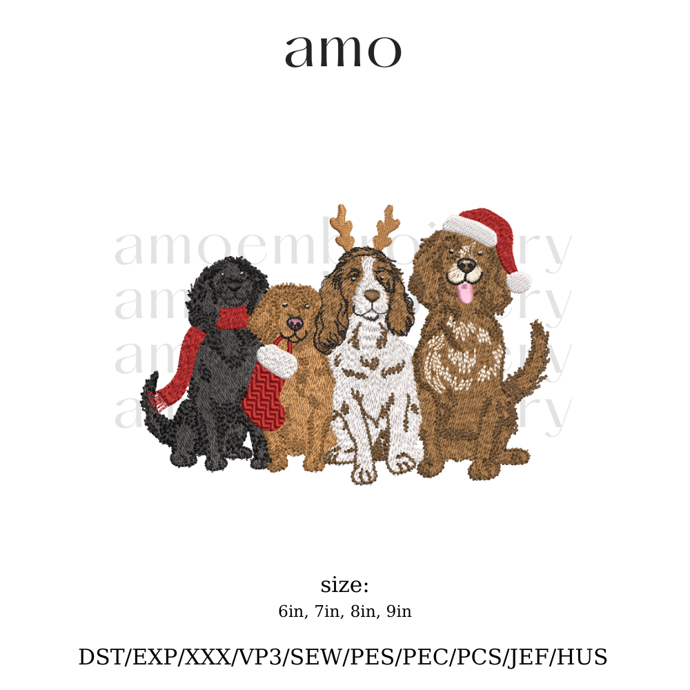 Christmas dogs embroidery design with Santa hats and scarves