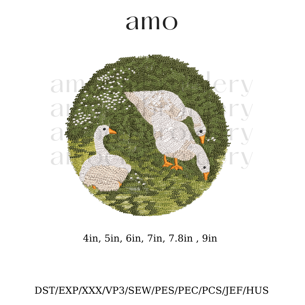 Country geese in meadow embroidery design digital file