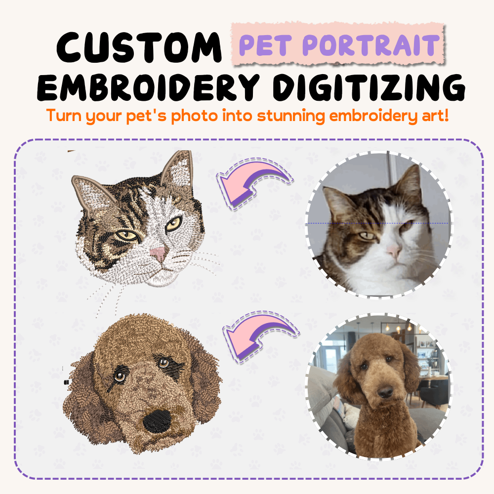 Embroidery machine stitching a custom pet portrait (PES file format)