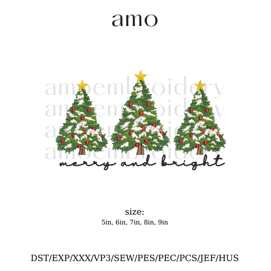 Holiday embroidery design with snowy trees and gold stars