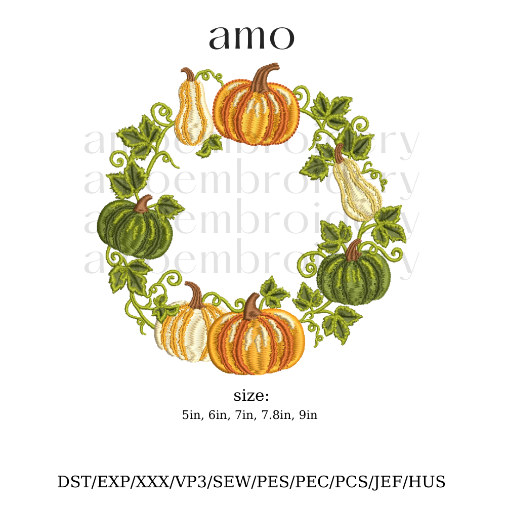 Pumpkin and gourd autumn wreath embroidery digital design