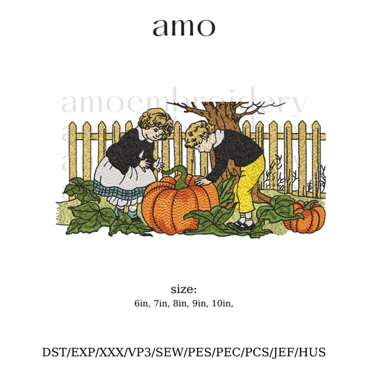 Vintage children picking pumpkins embroidery design