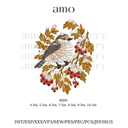 Winter bird embroidery design on rowan branch with berries