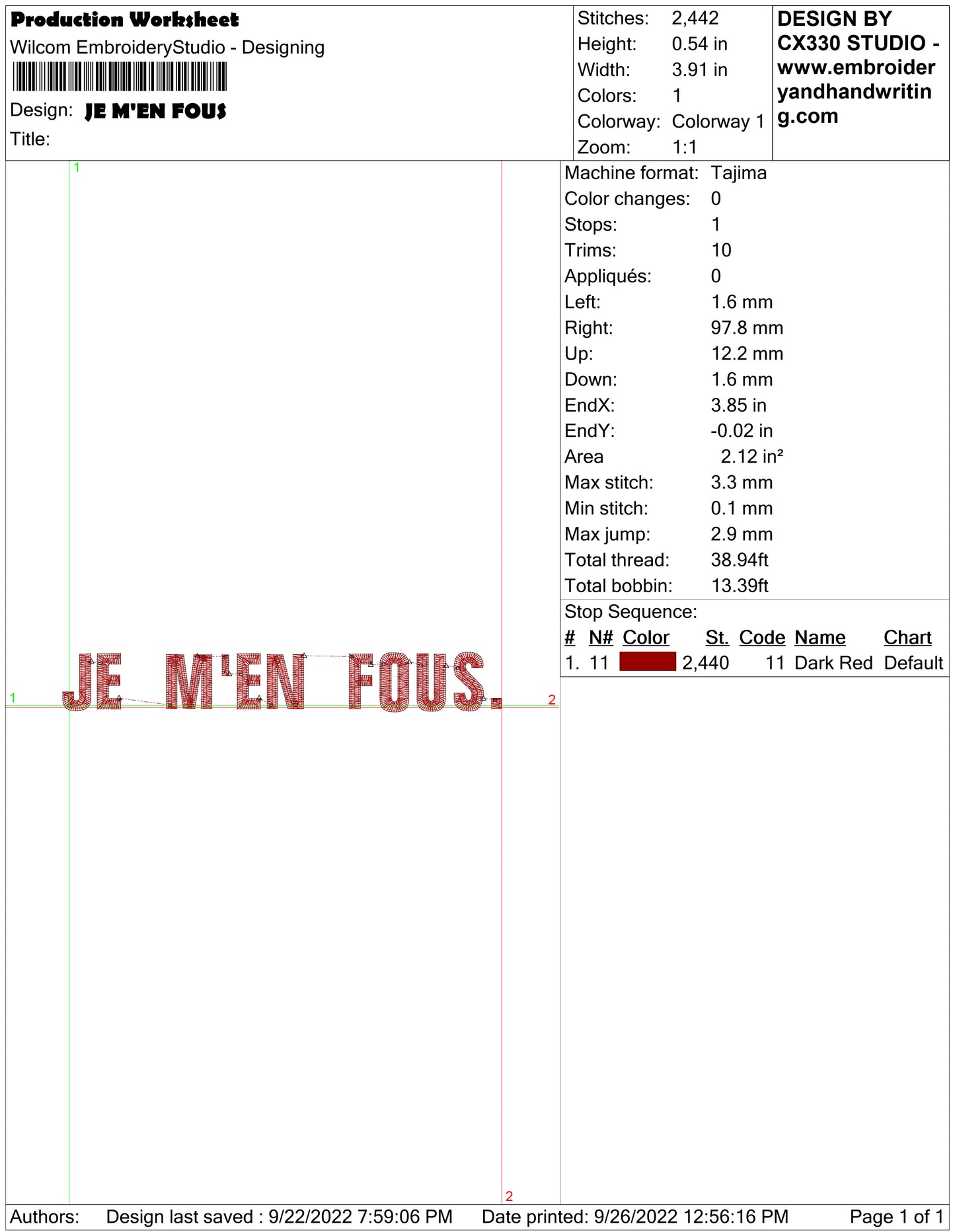 JE M'EN FOUS Typography Font Embroidery Design